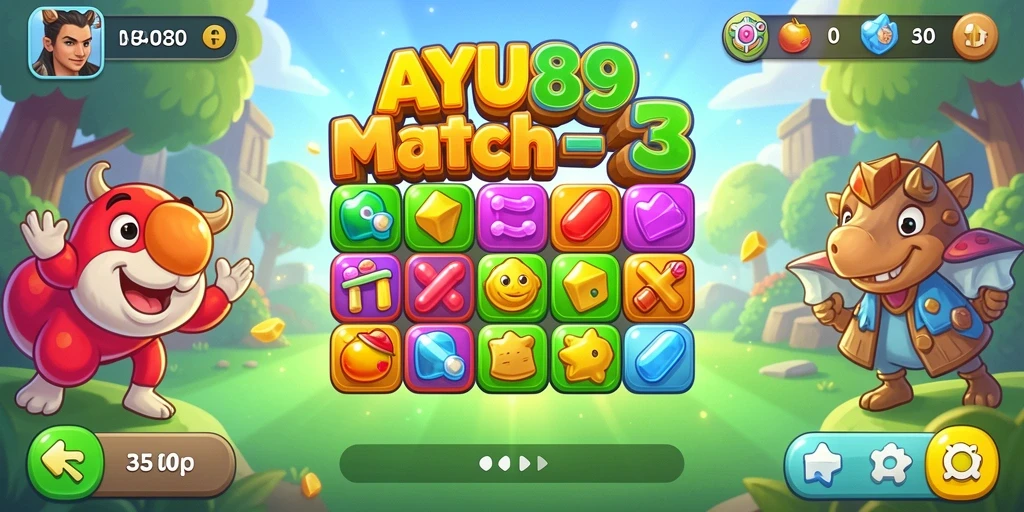 Tampilan gameplay seru AYU89 dengan objek-objek cerah dan tantangan menyenangkan.