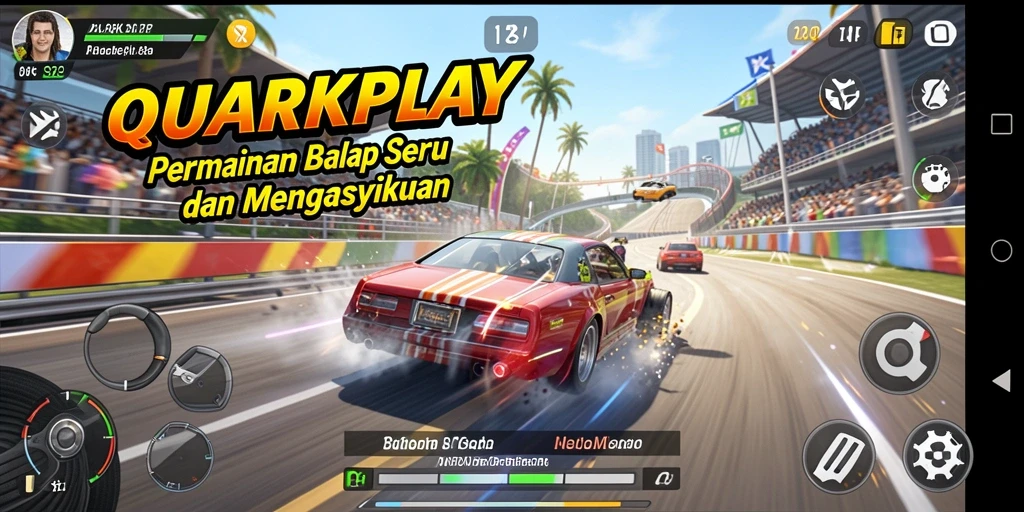 Screenshot gameplay <strong>QUARKPLAY</strong> yang menunjukkan atraksi balapan yang mengesankan.