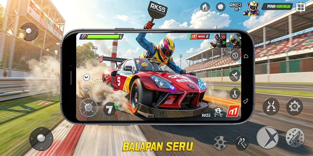 Tampilan gameplay seru RK55 dengan trek balapan yang menantang.