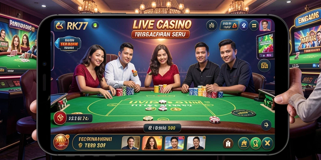 Screenshot gameplay RK77 menampilkan dealer langsung dan permainan seru.