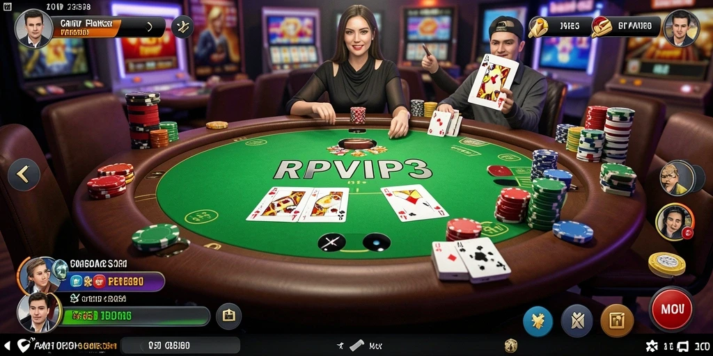 Screenshot gameplay RPVIP3 menunjukkan aksi seru di meja Poker.