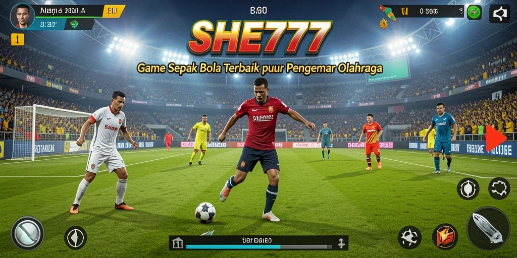 Tangkapan layar utama dari gameplay <strong>SHE777</strong> yang menampilkan aksinya di lapangan sepak bola.