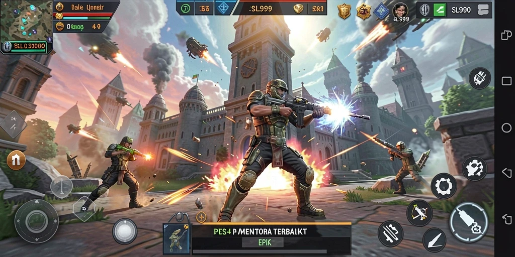 Screenshot menampilkan aksi mendebarkan dalam SL999 dengan pertahanan menara yang strategis.