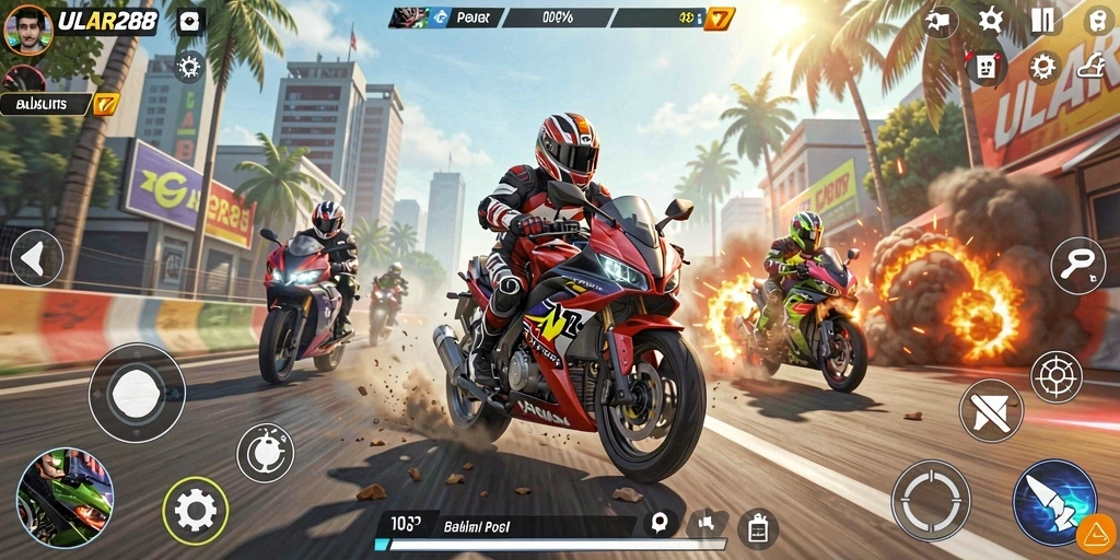 Screenshot ULAR288 menampilkan aksi balapan motor yang mendebarkan.
