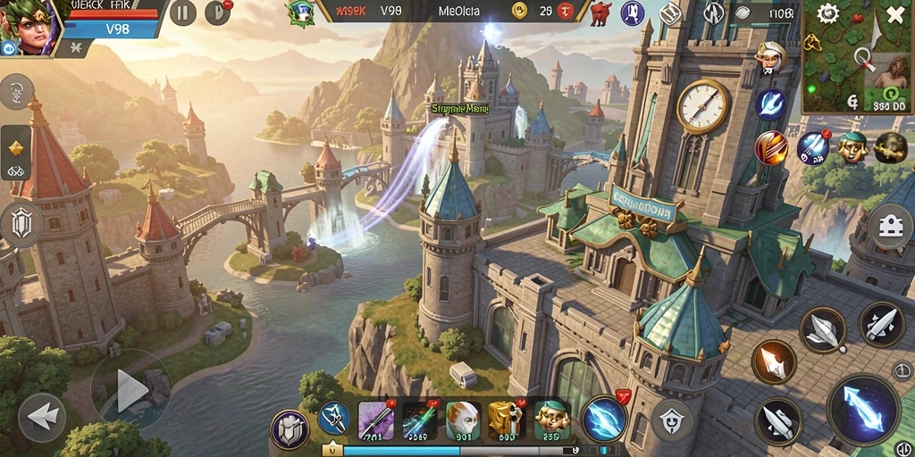 Tangkapan layar gameplay V98 menampilkan aksi menara yang mendebarkan.